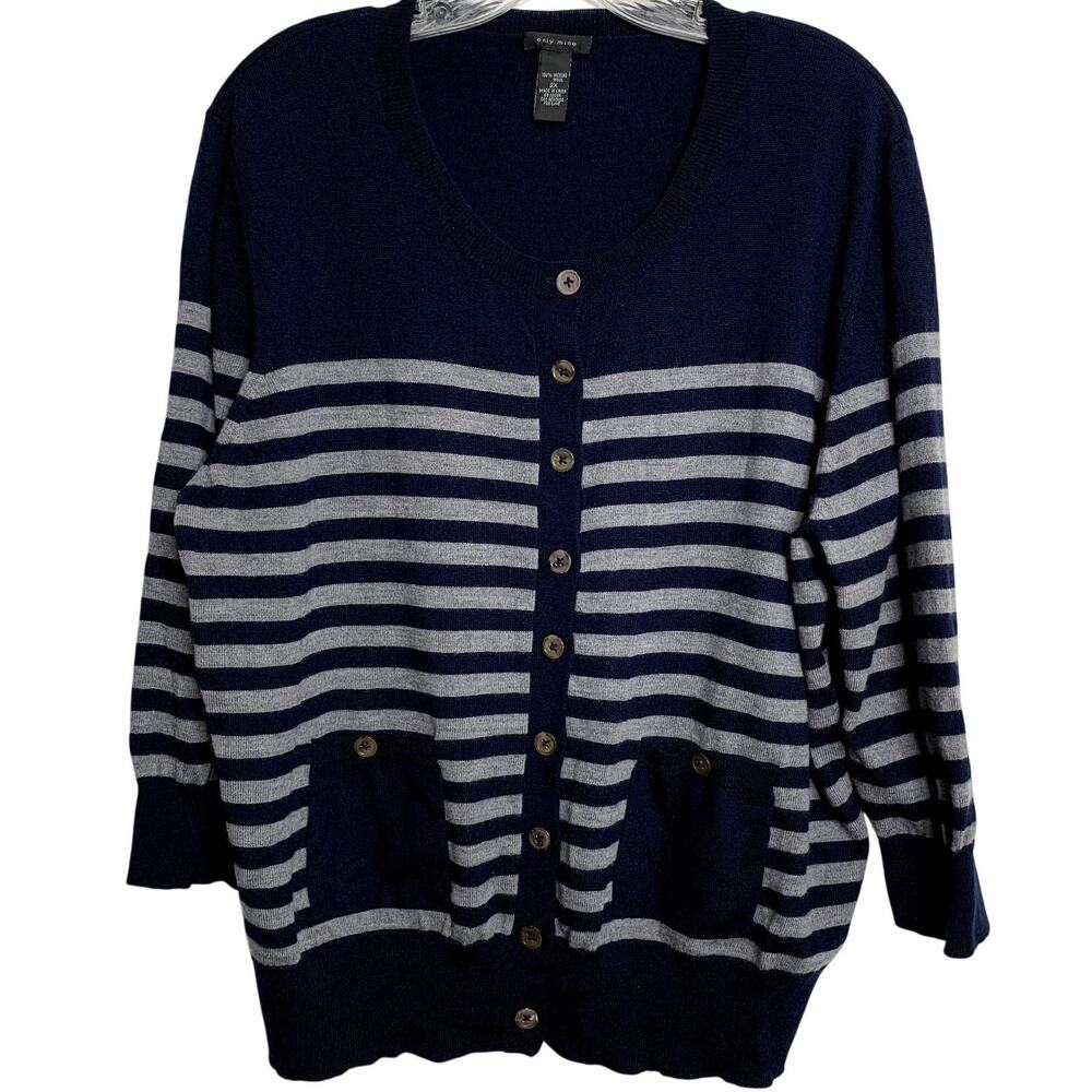 Only Mine Womens 2X Merino Wool Button Up Cardigan 3/4 Sleeve Navy Gray Stripes